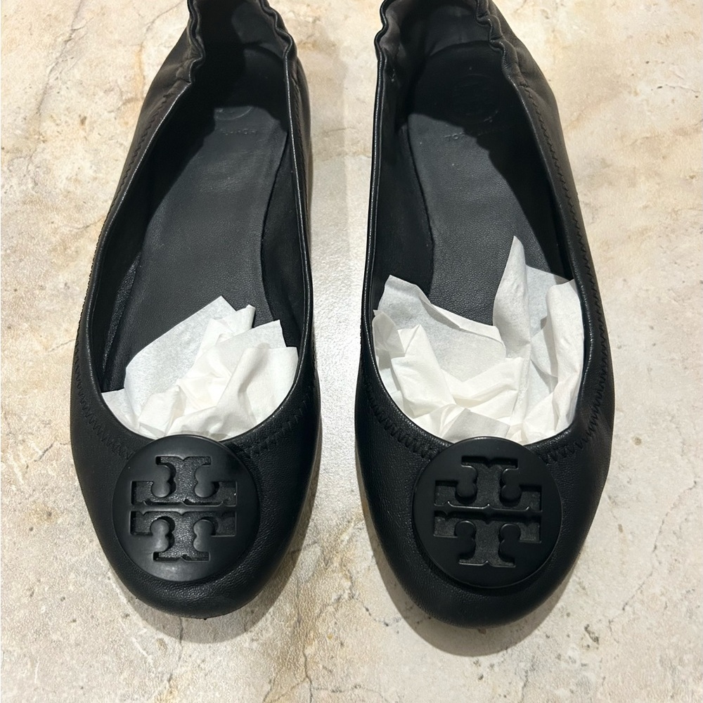 Tory Burch Black Leather Logo Ballet Flats